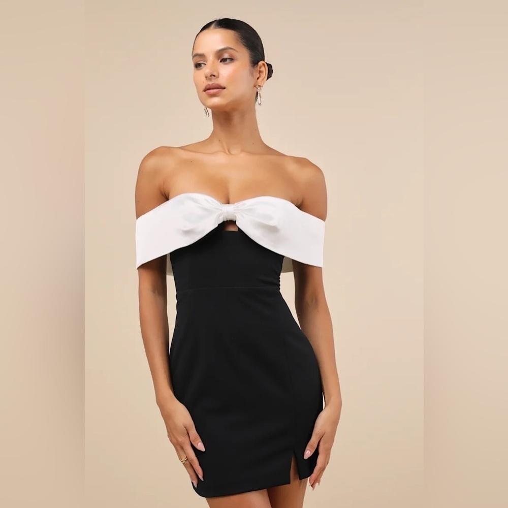 Lulus Extravagant Moment Black and White Off-the-Shoulder Mini Dress